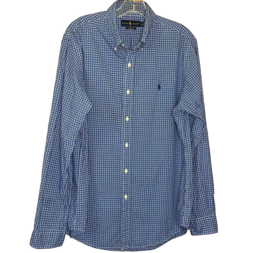 Ralph Lauren Custom Fit Button down Flannel Shirt Plaid 100% Cotton Blue Large